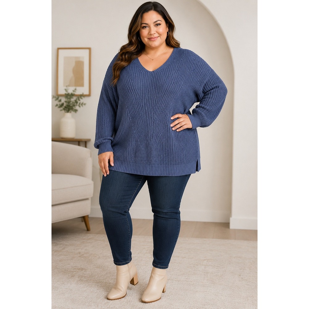 Sonoma V-Neck Sweater Women 2X Navy Blue Shaker Knit Oversized Minimalist Comfy